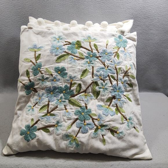 Embroidered Blue Cherry Blossom Square Pillow Sham Cases 18"x18" Button Closure - Picture 3 of 10